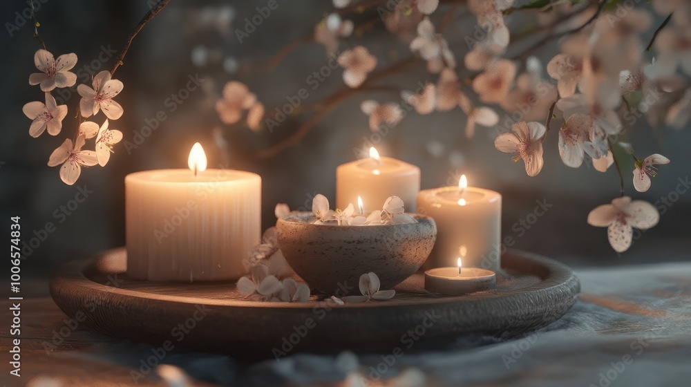 Relaxing self-care ritual with candles and floral elements for tranquility and well-being Relaxing self-care ritual with candles and floral elements for tranquility and well-being
