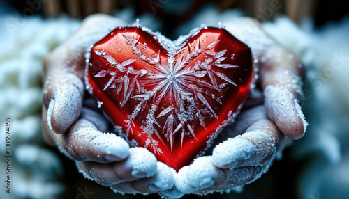 Icy Anatomical Heart in Woman's Hand in frosty weather