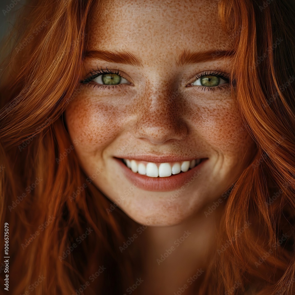 A woman with long red hair and green eyes smiles at the camera A woman with long red hair and green eyes smiles at the camera