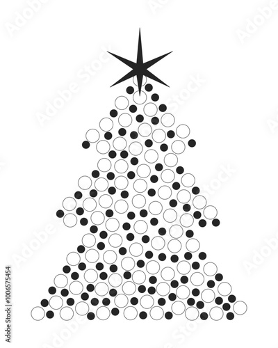 Xmas balls shaped Christmas tree black and white 2D line object. Festive baubles fir tree star. Evergreen newyear abstraction isolated clip art vector outline item. Monochromatic spot illustration