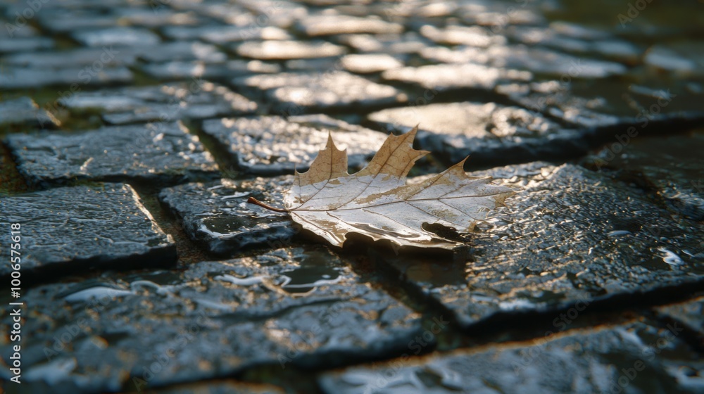 Serene Beauty of Nature - Close-up of Weathered Leaf on Stone Pathway