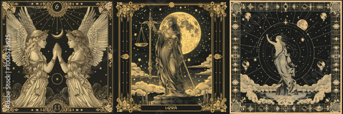 Vintage zodiac illustration Gemini the twins, Libra and Aquarius in style of tarot cards with celestial elements, cosmic symbols