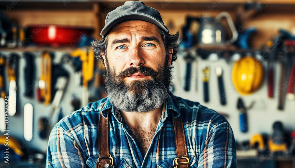 Middle-aged man worker in workshop looking at camera next to tools Middle-aged man worker in workshop looking at camera next to tools