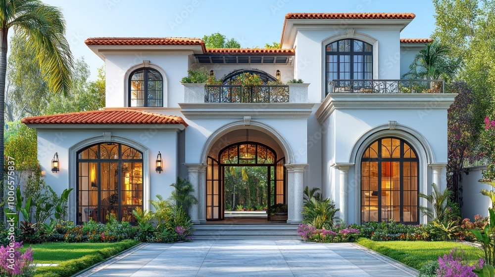 Elegant two-story house with a welcoming entrance and lush landscaping. Elegant two-story house with a welcoming entrance and lush landscaping.