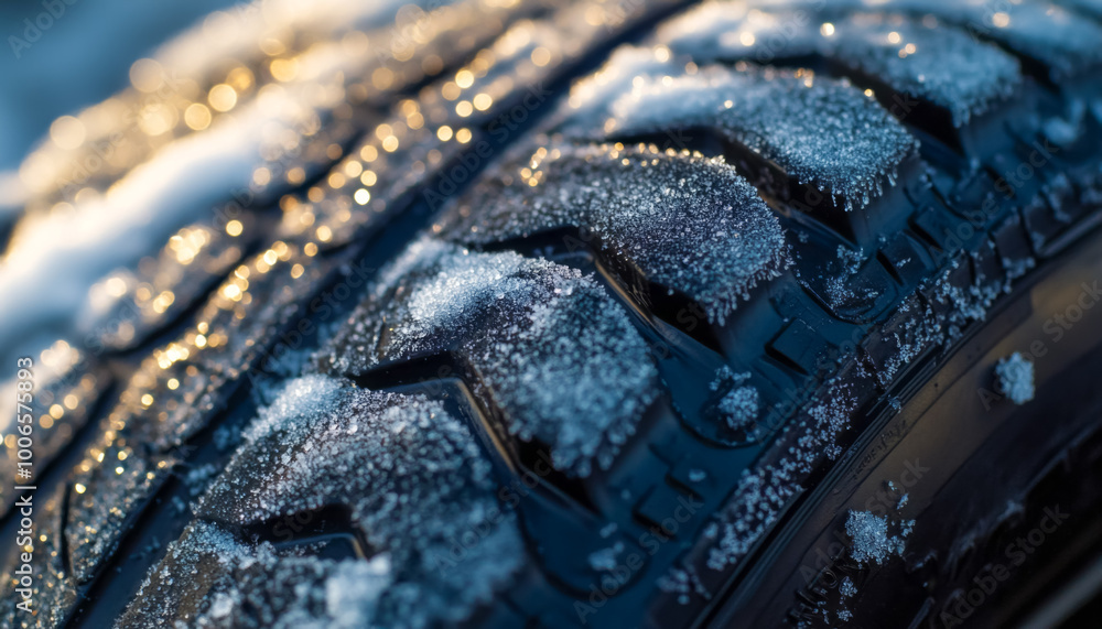 Fototapeta premium Car tire close-up. The tire is covered with snow. Tire.