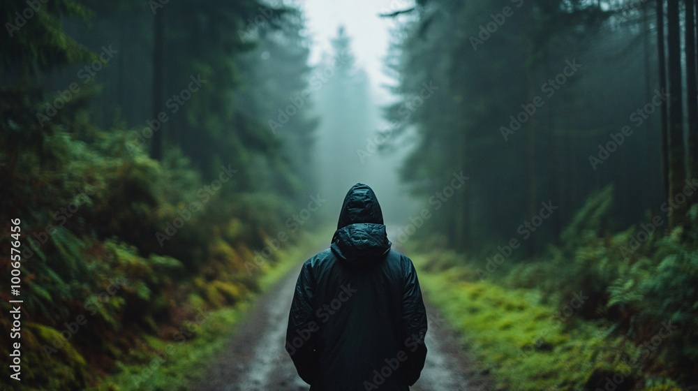 Solitary figure walking through misty forest Solitary figure walking through misty forest
