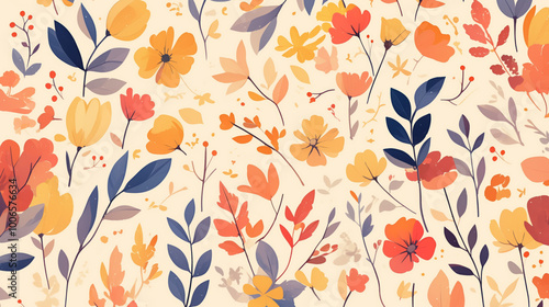 Wallpaper Mural A delicate and colorful floral pattern featuring various stylized flowers and leaves in shades of orange, yellow, red, and blue. Torontodigital.ca