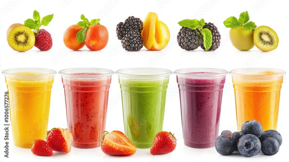 Takeaway drinks concept with fruit smoothies in plastic cups featuring a variety of fruits and isolated on a white background Takeaway drinks concept with fruit smoothies in plastic cups featuring a variety of fruits and isolated on a white background