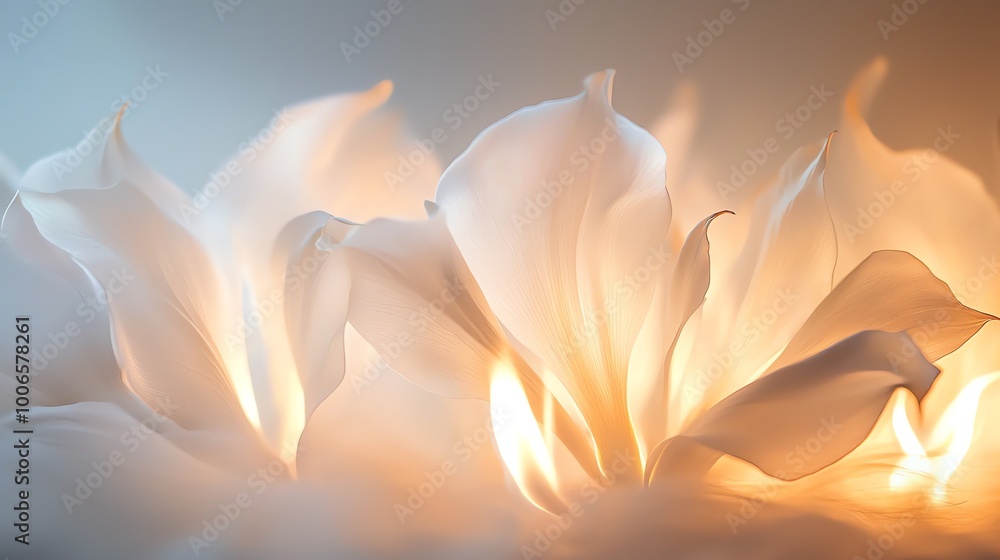 Close-up view of flickering flames that resemble delicate flower petals opening up, with soft light and shadows creating an ethereal atmosphere Close-up view of flickering flames that resemble delicate flower petals opening up, with soft light and shadows creating an ethereal atmosphere