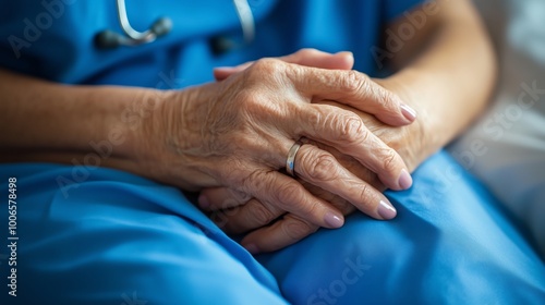 A close-up of an elderly person's hand holding the young nurse, both hands gently resting on top of their hospital bed in blue medical attire