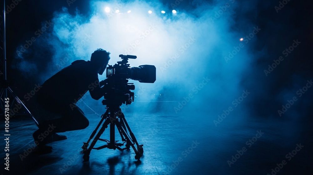 Fototapeta premium Videographer in Action Under Stage Lighting