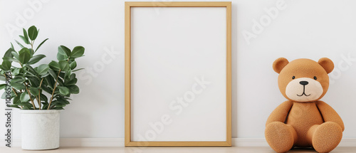 Vertical picture frame mockup on a pastel-colored wall in a minimalist Scandinavian children's room, featuring soft decor and playful elements.