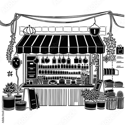 black and white drawing of generic market stall.