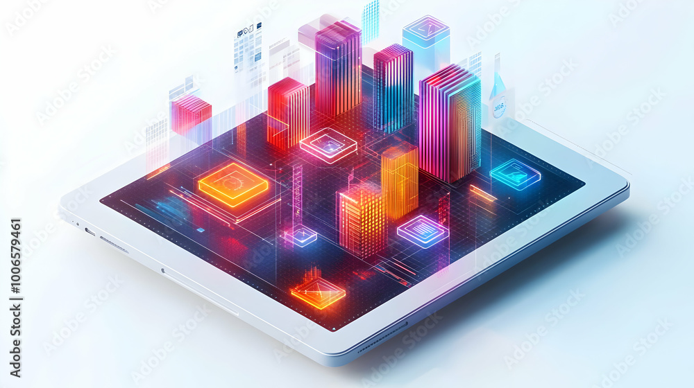 3D Tablet on White Background Displaying Holographic Financial Planning Icons for Business Strategy & Compliance - High Angle Shot with Copy Space 3D Tablet on White Background Displaying Holographic Financial Planning Icons for Business Strategy & Compliance - High Angle Shot with Copy Space