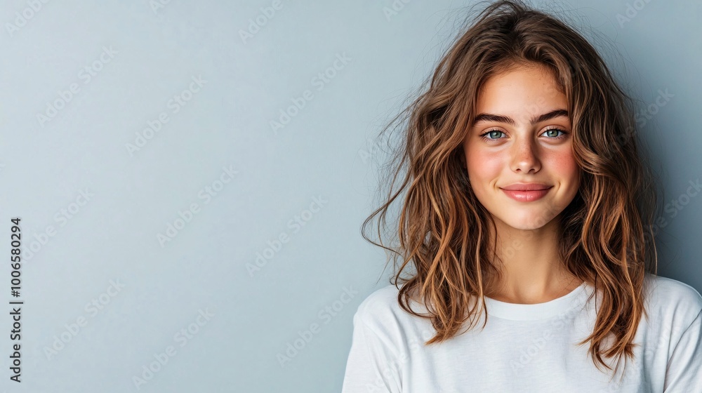 young woman smiling against a plain background young woman smiling against a plain background