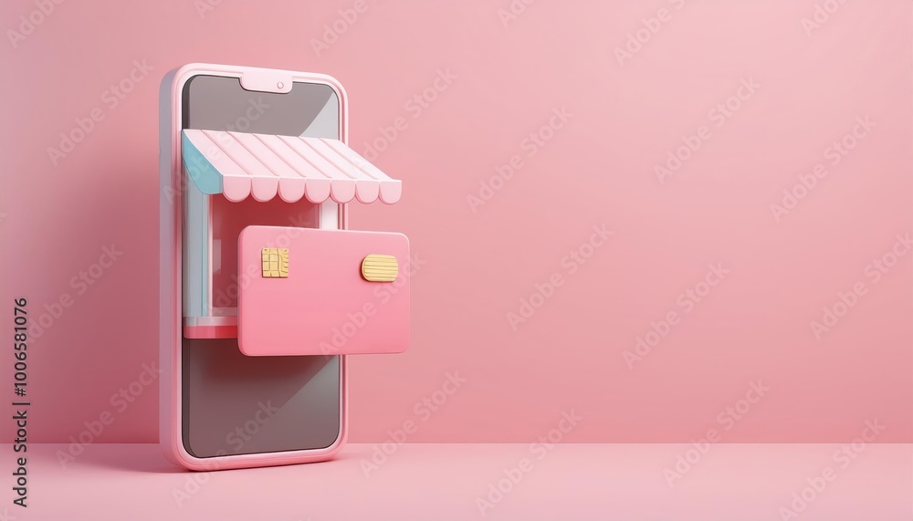 A pink smartphone features a cute pop-up shop design, complete with a striped awning and a small, stylized briefcase. A pink smartphone features a cute pop-up shop design, complete with a striped awning and a small, stylized briefcase.