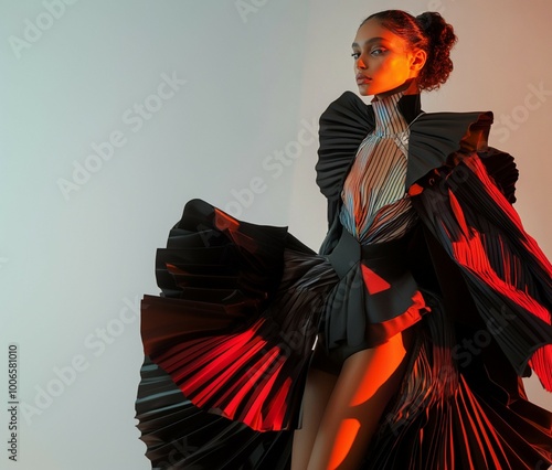 Avant-Garde Fashion: Striking Model in Dramatic Pleated Outfit