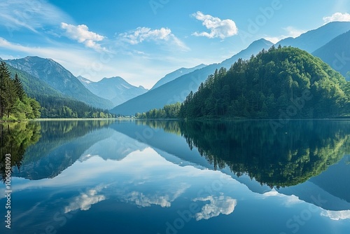Crystal Clear Mountain Lake with Stunning Reflections of Forest and Peaks
