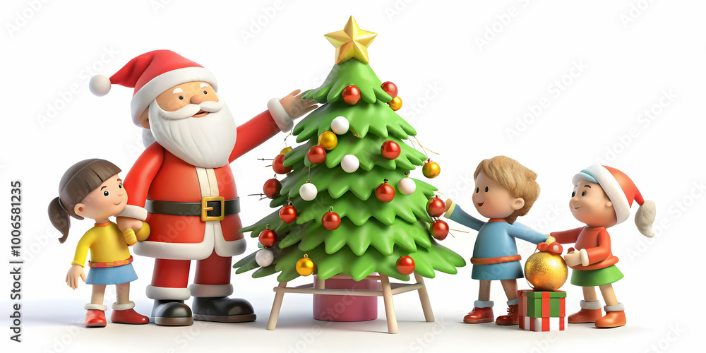 3D Santa Decorating Christmas Tree with Children: Candid Moment of Joyful Teamwork - Icon on White Background 3D Santa Decorating Christmas Tree with Children: Candid Moment of Joyful Teamwork - Icon on White Background