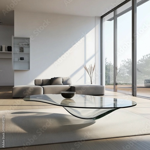 Modern Minimalist Living Room with Sculptural Glass Coffee Table
