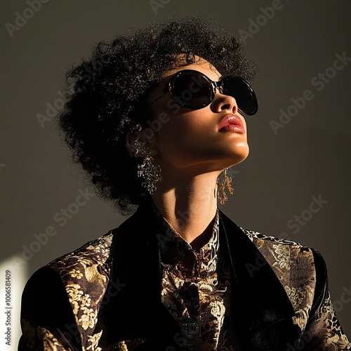 Stylish Model in Sunglasses and Ornate Fashion with Dramatic Lighting