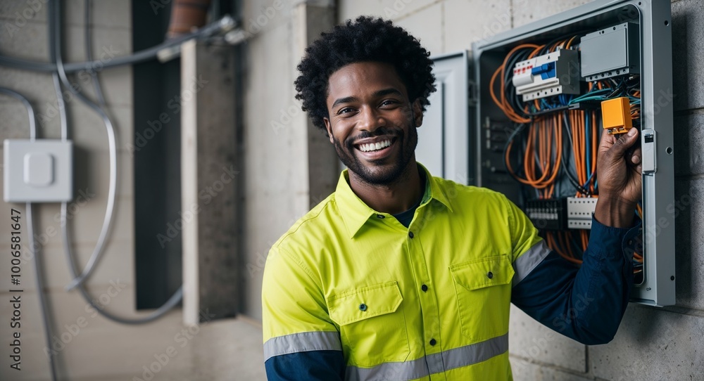 Handsome young African American electrician grinning while looking at camera Handsome young African American electrician grinning while looking at camera