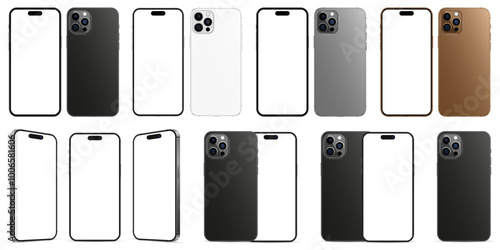 New iPhone 16 Pro, set in different colors. Mockup screen front view iphone with white screens and back side phone.