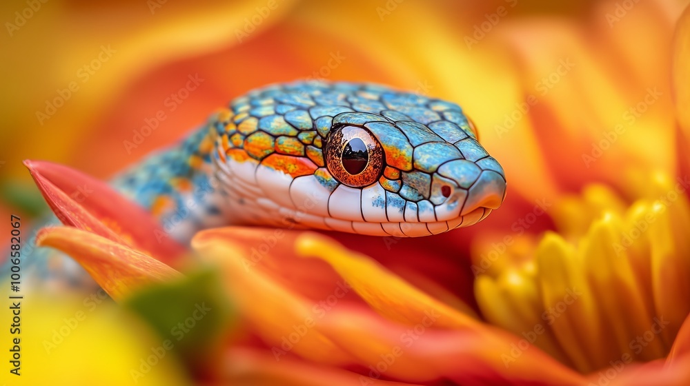 Fototapeta premium Close-up of a colorful snake among flowers