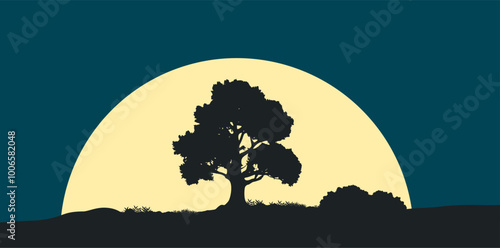 Vektor Silhouette Baum im Gegenlicht - Aufgehender Mond in der Nacht - Mystische Szene - Mystik in der Natur - Landschaft