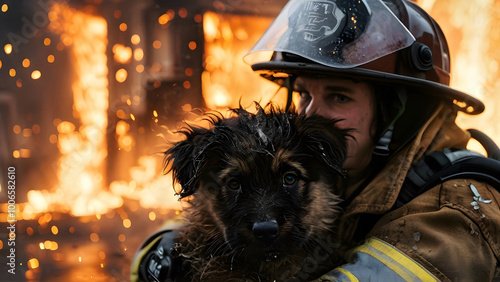 a firefighter holds a puppy in his arms against the background of a burning house photo