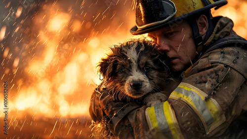 a firefighter holds a puppy in his arms against the background of a burning house photo