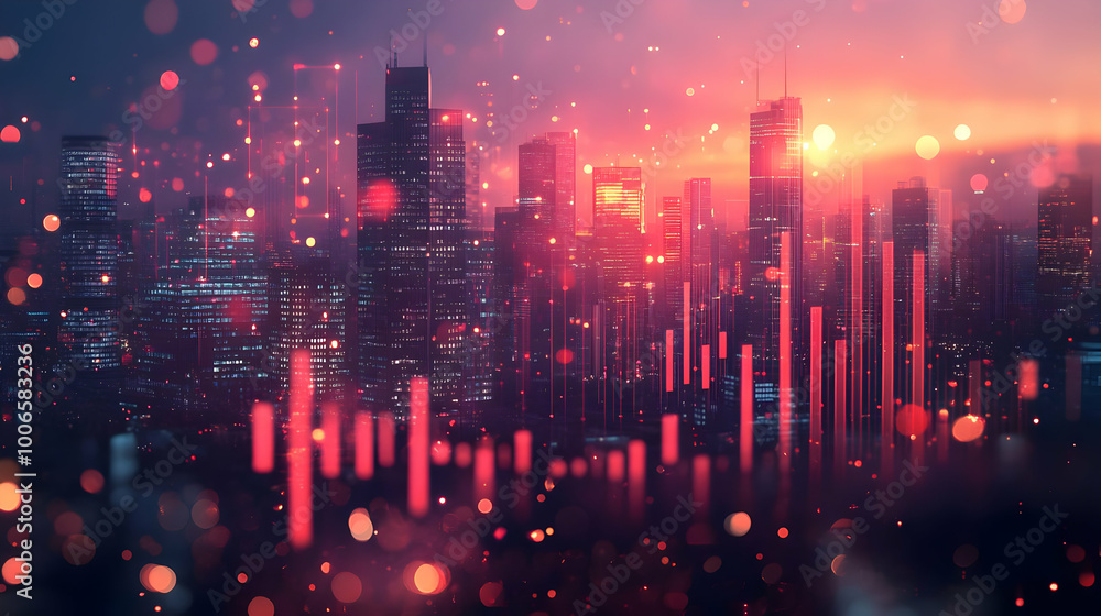 3D Blurred Cityscape with Bokeh Lights and Financial Growth Graphs Overlay - Vibrant Urban Skyline Symbolizing Economic Progress for Business Advertising 3D Blurred Cityscape with Bokeh Lights and Financial Growth Graphs Overlay - Vibrant Urban Skyline Symbolizing Economic Progress for Business Advertising
