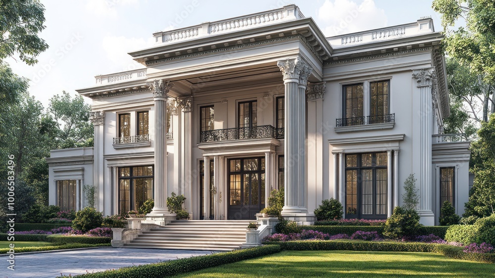 Elegant mansion with columns surrounded by lush greenery. Elegant mansion with columns surrounded by lush greenery.