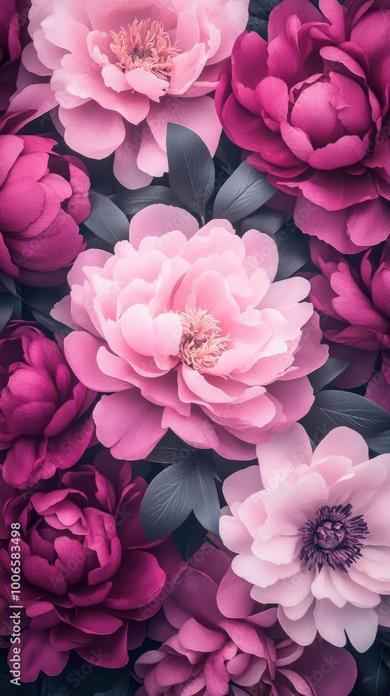 Against a somber, dark floral backdrop of burgundy and pink peonies.