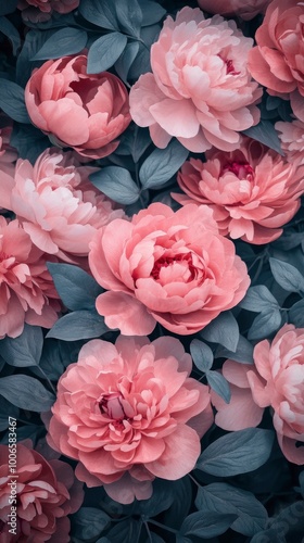 Against a somber, dark floral backdrop of burgundy and pink peonies.