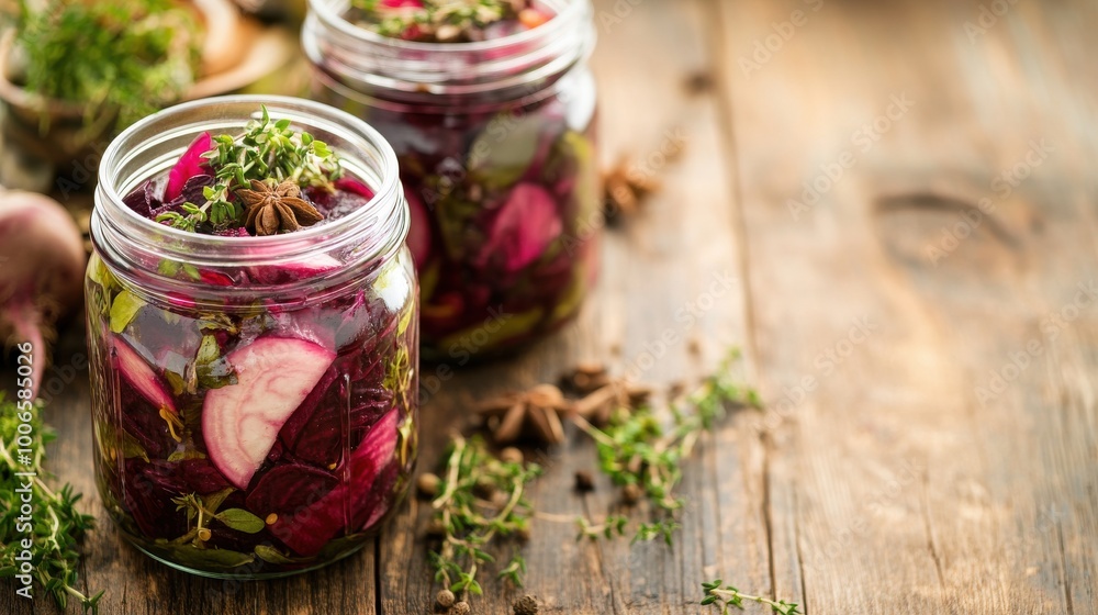 Homemade pickled beets in mason jars with herbs and spices on a rustic wooden table, farmhouse kitchen Homemade pickled beets in mason jars with herbs and spices on a rustic wooden table, farmhouse kitchen