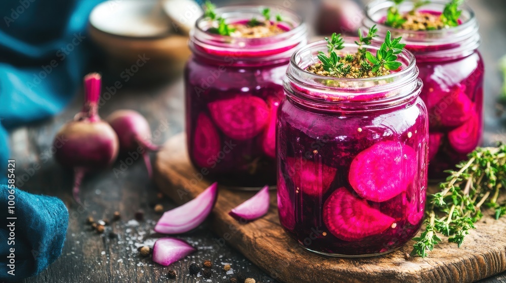 Homemade pickled beets in mason jars with herbs and spices on a rustic wooden table, farmhouse kitchen Homemade pickled beets in mason jars with herbs and spices on a rustic wooden table, farmhouse kitchen