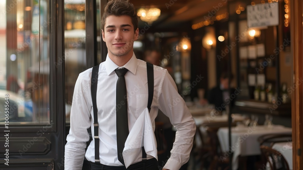 Waiter Standing at Restaurant Entrance Waiter Standing at Restaurant Entrance