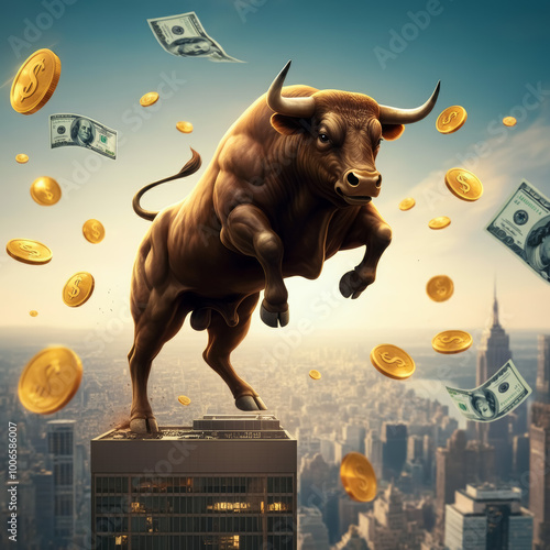 Stock market bull jumping high on building sky and money floating background. Financial security, wise investment, fierce stock market. photo