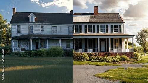 A dilapidated house is transformed into a beautiful home with a new roof, paint, and landscaping