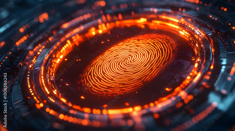3D Macro Shot of Futuristic Fingerprint Scanner - Symbolizing Security, Trust, and Leadership in Business with Focus on Digital Identity 3D Macro Shot of Futuristic Fingerprint Scanner - Symbolizing Security, Trust, and Leadership in Business with Focus on Digital Identity