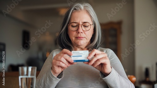 A middle age woman reading medication instructions at home during the day, seated at a table with a glass of water nearby - examines, focuses intently medication packaging
