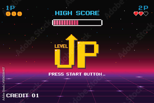 LEVEL UP. press start button. pixel art .8 bit game. retro game. for game assets .Retro Futurism Sci-Fi Background. glowing neon grid. and stars from vintage arcade computer games