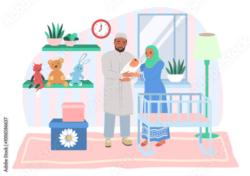 Arabic young parents holding newborn baby child over home room background with crib vector illustration. Happy parenthood concept