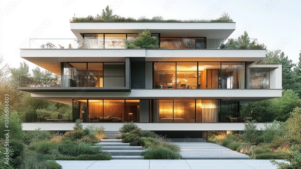 Fototapeta premium Modern architectural design featuring a multi-level residence.