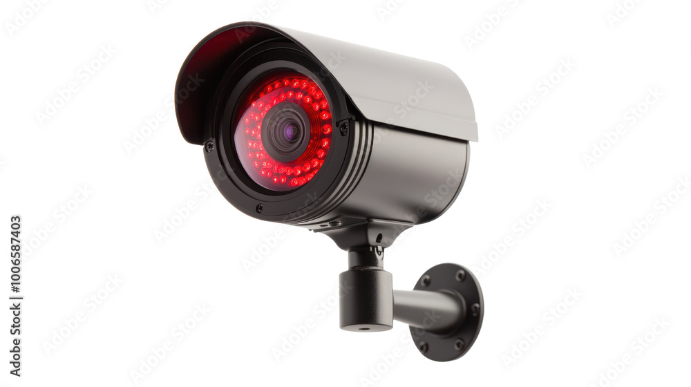 Surveillance camera with red LED lights for enhanced security monitoring isolated white background, transparent background. Surveillance camera with red LED lights for enhanced security monitoring isolated white background, transparent background.