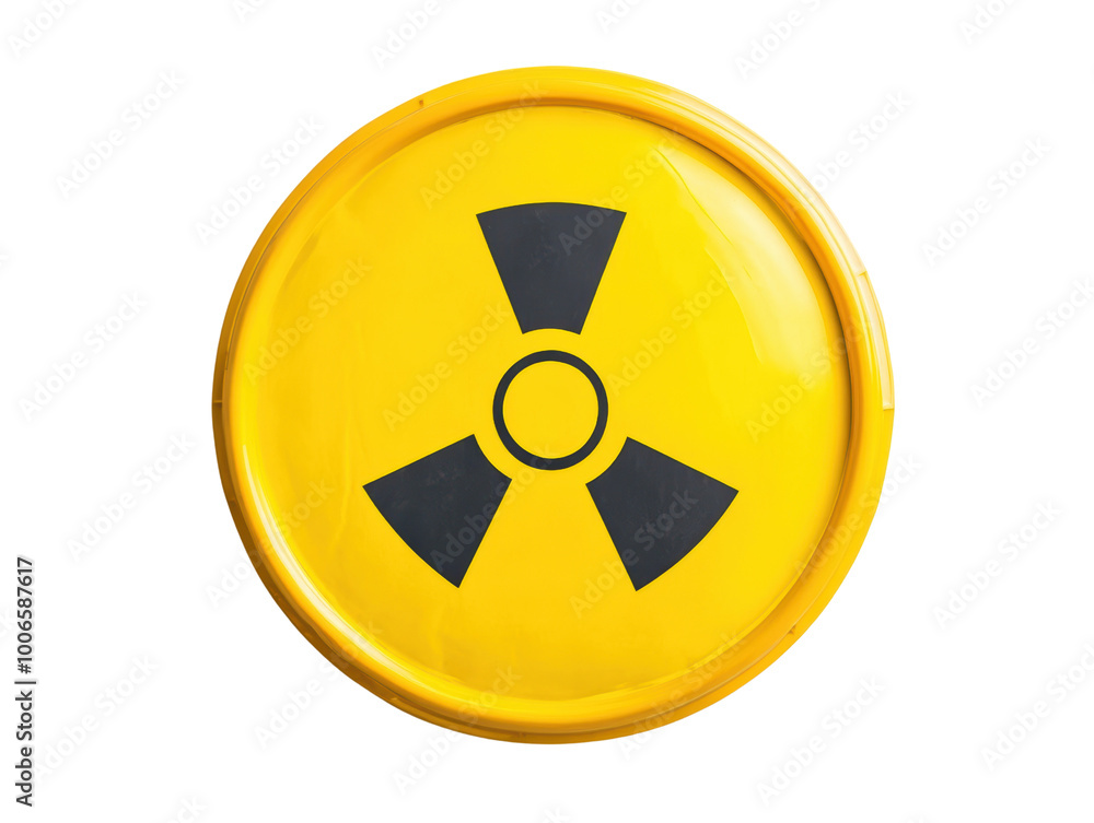 Fototapeta premium Warning sign with bright yellow background and black radiation symbol isolated white background, transparent background.