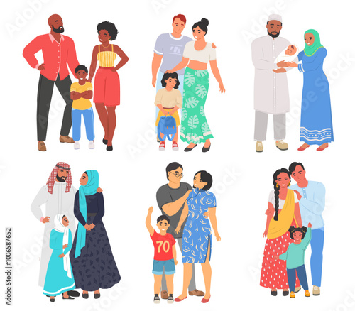 Man and woman international couple with children set. Happy family with kid of different nationalities vector illustration