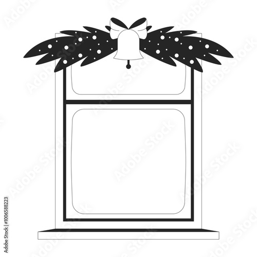 Window with Christmas decorations black and white 2D line object. Christmastime. House interior evergreen branches Xmas bell isolated clip art vector outline item. Monochromatic spot illustration