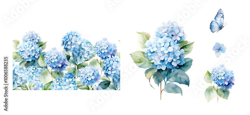Fototapeta Naklejka Na Ścianę i Meble -  Seamless borders with watercolor blue hydrangea set